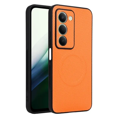 Voor Xiaomi Redmi 15 4G (EU) (171 mm) / 15 5G (EU) (171 mm) Hoesje Koolstofvezelstructuur Leercoating TPU PC Telefoonhoesje met Metalen Ring voor Magnetische Autohouder - Oranje