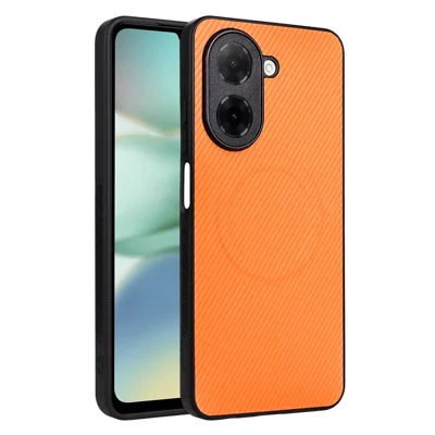 For Xiaomi Redmi A5 4G (Global) (171.8mm)  /  Poco C71 4G Case Carbon Fiber Texture Leather Coated TPU PC Phone Cover with Metal Ring for Magnetic Car Mount - Orange