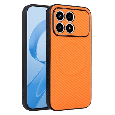 For Xiaomi Poco F8 Pro 5G  /  Redmi K90 5G Case Carbon Fiber Texture Leather Coated TPU PC Phone Cover with Metal Ring for Magnetic Car Mount - Orange