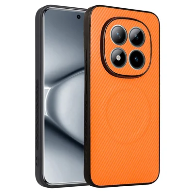 Hoes voor Xiaomi Redmi Note 15 4G (Global) met Koolstofvezelstructuur en Lederen Coating TPU PC Telefoonhoes met Metalen Ring voor Magnetische Autohouder - Oranje