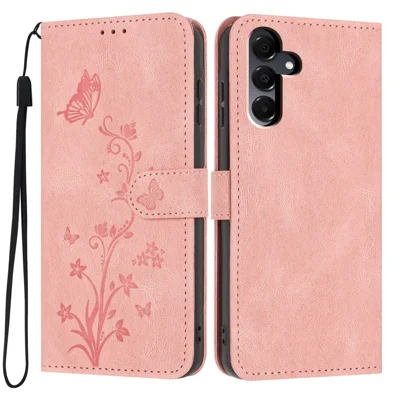 For Samsung Galaxy A16 5G / A16 4G Wallet Case Butterfly Flower Imprint PU Leather Phone Cover with Wrist Strap - Pink