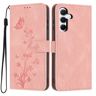 For Samsung Galaxy A55 5G Wallet Case Butterfly Flower Imprint PU Leather Phone Cover with Wrist Strap - Pink