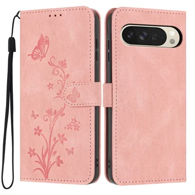 For Google Pixel 10 Pro XL Wallet Case Butterfly Flower Imprint PU Leather Phone Cover with Wrist Strap - Pink