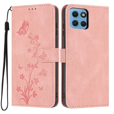 Wallet Case for Motorola Moto G17 Power 4G / G17 4G / G15 4G / G15 Power 4G Butterfly Flower Imprint PU Leather Phone Cover with Wrist Strap - Pink