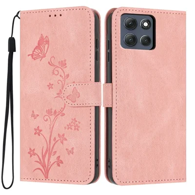 For Motorola Moto G86 Power 5G Wallet Case Butterfly Flower Imprint PU Leather Phone Cover with Wrist Strap - Pink