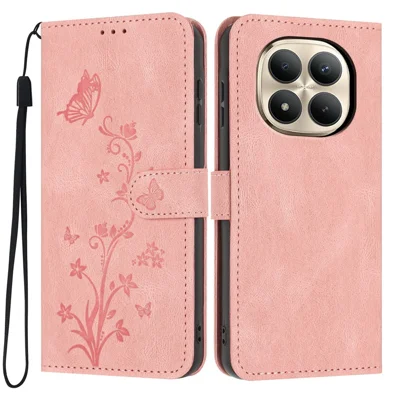 For Xiaomi Redmi Note 15 Pro+ 5G (Global)  /  Poco M8 Pro 5G Wallet Case Butterfly Flower Imprint PU Leather Phone Cover with Wrist Strap - Pink
