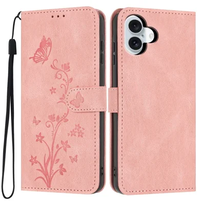 For iPhone 17 Portemonnee Hoesje met Vlinder Bloemen Afdrukken in PU Leer Telefoonhoes met Polsbandje - Roze