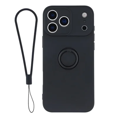 For iPhone 18 Pro / 17 Pro Silicone Case with Strap Ring Kickstand Phone Cover - Black