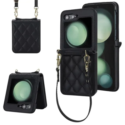 For Samsung Galaxy Z Flip7 FE 5G / Flip6 5G Case Rhombic Leather + PC Folding Phone Cover with Wrist Strap / 1.5m Long Strap - Black