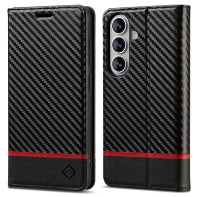 LC.IMEEKE Wallettasche für Samsung Galaxy S26 FE, Carbon-Faser-Optik, Ledertasche – Horizontale Streifen