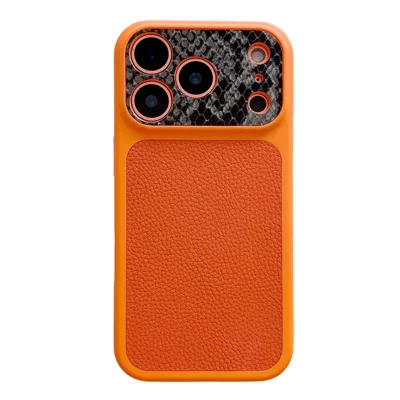 Coque TPU pour iPhone 17 Pro Max, Cuir Véritable de Vache, Texture Grain de Grenade + Texture Serpent, Étui de Protection - Orange