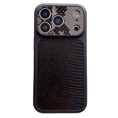 iPhone 17 Pro-hoes met textuur van hagedissenleer en slangenleer, echt koeienleer + TPU-beschermhoes - Zwart
