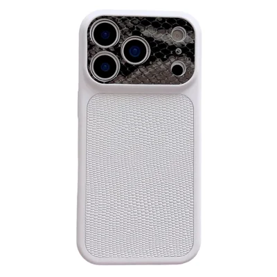 For iPhone 17 Pro Max Case Lizard Texture Snake Texture Genuine Cow Leather + TPU Protective Cover - White