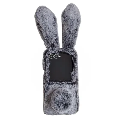 For Samsung Galaxy Z Flip8 Case Bunny Ears Winter Plush Hard PC Phone Cover - Dark Grey