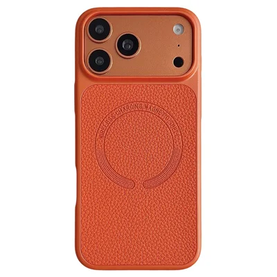 Coque magnétique pour iPhone 17 Pro Max, texture de cuir de type lychee, revêtement en cuir PU, dos en PC + TPU - Orange