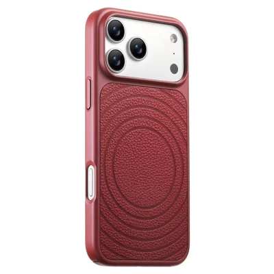 For iPhone 17 Pro Magnetic Case Ripple Pattern Leather Coated PC + TPU Shockproof Back Cover - Cherry Red