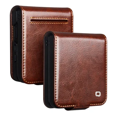 QIALINO Für Samsung Galaxy Z Flip8 Hülle Echtes Rindsleder + PC Handytasche mit Kartenfach - Braun