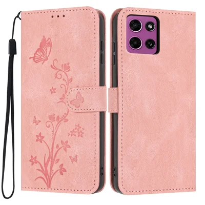 For Motorola Moto G (2026) 5G Wallet Case Butterfly Flower Imprint PU Leather Phone Cover with Wrist Strap - Pink