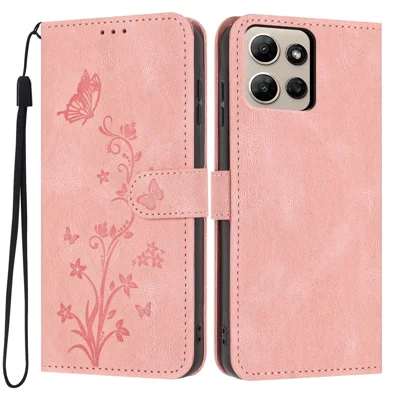 For Motorola Moto G Power (2026) 5G Wallet Case Butterfly Flower Imprint PU Leather Phone Cover with Wrist Strap - Pink