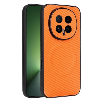 Voor Honor Magic8 5G hoesje Koolstofvezelstructuur Leercoating TPU PC telefoonhoesje met metalen ring voor magnetische autohouder - Oranje