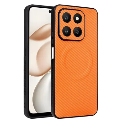 For Honor 400 Smart 4G  /  400 Smart 5G  /  X7d 4G Case Carbon Fiber Texture Leather Coated TPU PC Phone Cover with Metal Ring for Magnetic Car Mount - Orange