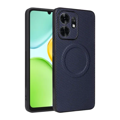 For Honor X6d 5G  /  Play 60A 5G Case Carbon Fiber Texture Leather Coated TPU PC Phone Cover with Metal Ring for Magnetic Car Mount - Blue