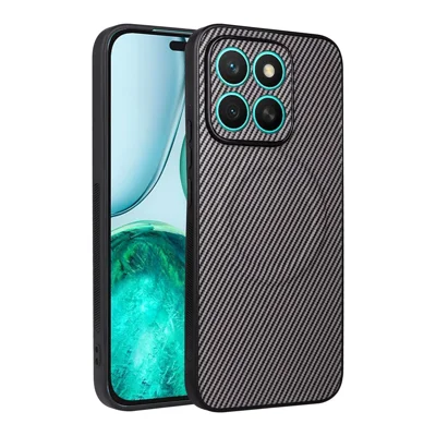 Voor Honor X6c 4G hoesje Koolstofvezelstructuur Leercoating TPU PC telefoonhoesje met metalen ring voor magnetische autohouder - Grijs