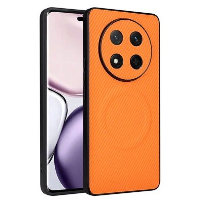 For Honor Magic7 Lite 5G  /  X60 Pro 5G  /  X9c 5G Case Carbon Fiber Texture Leather Coated TPU PC Phone Cover with Metal Ring for Magnetic Car Mount - Orange