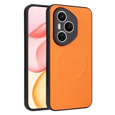 Funda para Honor 400 Pro 5G (Global) con Textura de Fibra de Carbono, Revestimiento de Cuero PU, TPU y PC con Anillo Metálico para Soporte Magnético de Coche - Naranja