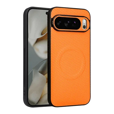 For Google Pixel 10 Pro XL Case Carbon Fiber Texture Leather Coated TPU PC Phone Cover with Metal Ring for Magnetic Car Mount - Orange