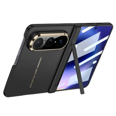 GKK pour Huawei Pura X Max étui magnétique à charnière avec support intégré ultra fin, coque en PC pour téléphone avec film de protection d'écran en verre trempé HD transparent - Or/Noir