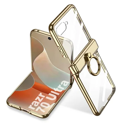 GKK для Motorola Razr 70 Ultra чехол с магнитной петлей, кольцом-держателем, подставкой, гальваническим прозрачным покрытием, из поликарбоната, с пленкой на задний экран - шампанское золото
