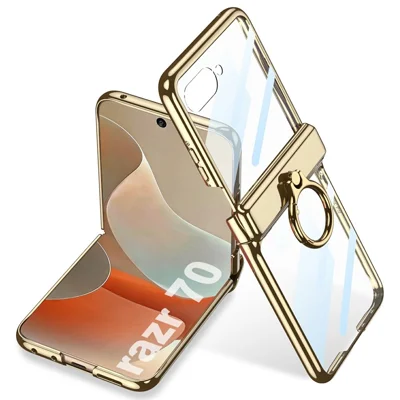 GKK Capa para Motorola Razr 70 com Suporte Magnético, Anel de Apoio, Revestimento Transparente com Plaquê, Capa em PC com Película Traseira para Telemóvel - Dourado Champânio