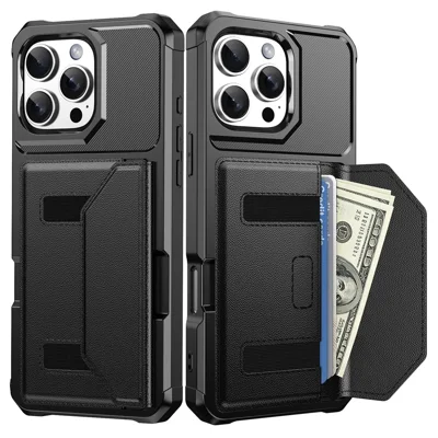 Für iPhone 16 Pro Max Hülle mit Kartenfach Leder + TPU Anti-Sturz Handyhülle - Schwarz
