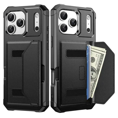Obudowa do iPhone'a 17 Pro z uchwytem na kartę, skóra + TPU, ochrona przed upadkiem - Czarny