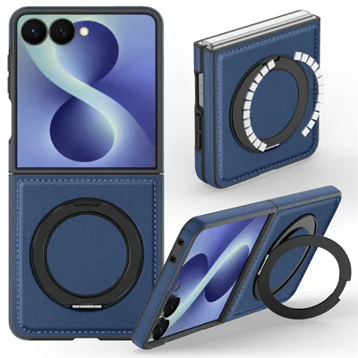 For Samsung Galaxy Z Flip8 Magnetic Case with Ring Kickstand PU Leather Back Cover - Sapphire