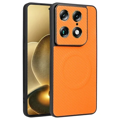 Capa de Telemóvel For Motorola Signature 5G / Moto X70 Air Pro 5G com Textura de Fibra de Carbono, Revestimento em Pele, TPU e PC, com Anel Metálico para Suporte Magnético de Carro - Laranja