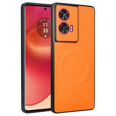 Cover per Motorola Edge 50 Fusion 5G / G96 5G con Texture in Fibra di Carbonio, Rivestimento in Pelle, TPU e PC con Anello Metallico per Supporto Magnetico Auto - Arancione