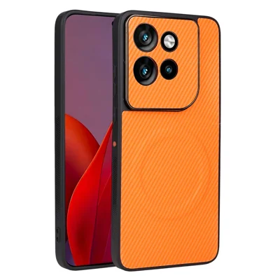 För Motorola Edge 50 Neo 5G / Edge 60 Neo 5G / Moto S50 5G / ThinkPhone 25 5G Skal med kolfiberstruktur Läderbelagd TPU PC mobilskal med metallring för magnetisk bilhållare - Orange