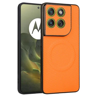 Für Motorola Edge 70 5G / X70 Air 5G Hülle mit Kohlefaser-Textur, lederbeschichtete TPU-PC-Handyhülle mit Metallring für magnetische Autohalterung - Orange