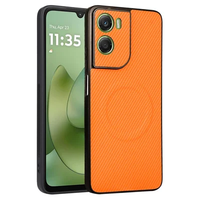 Funda para Motorola Moto G06 4G / G06 Power 4G con textura de fibra de carbono, recubrimiento de cuero PU, carcasa de TPU y PC con anillo metálico para soporte magnético de coche - Naranja