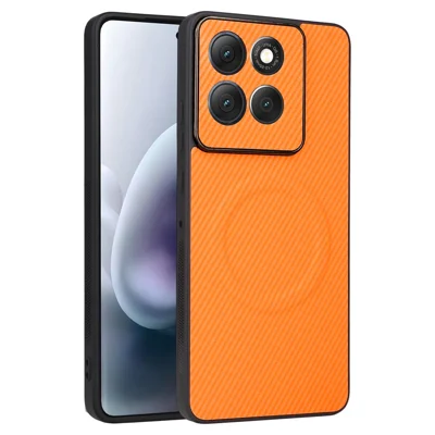 For Motorola Moto G86 5G Case Carbon Fiber Texture Leather Coated TPU PC Phone Cover with Metal Ring for Magnetic Car Mount - Orange