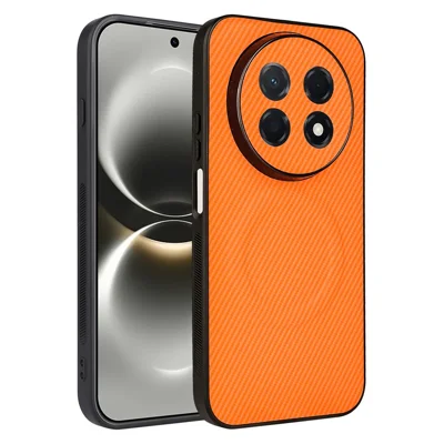 For Huawei nova 15 Max  /  Enjoy 90 Pro Max Case Carbon Fiber Texture Leather Coated TPU PC Phone Cover with Metal Ring for Magnetic Car Mount - Orange
