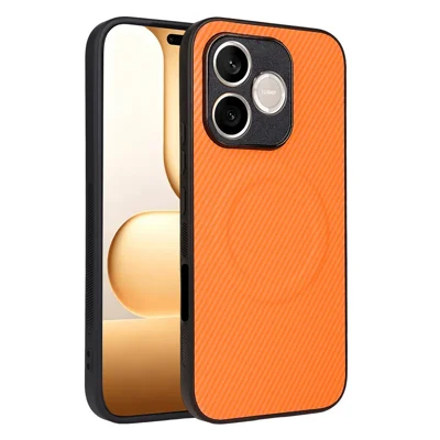 Til Honor 600 Lite 5G / X80i 5G hylse med struktur af kulfiber og læderbehandling TPU PC-telefonhylse med metalring til magnetisk bilhold for - Orange