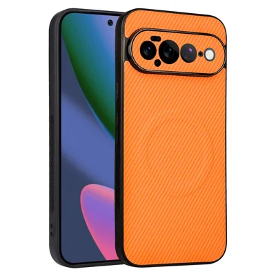 For Google Pixel 11 Pro XL Case Carbon Fiber Texture Leather Coated TPU PC Phone Cover with Metal Ring for Magnetic Car Mount - Orange