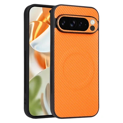 For Google Pixel 9 Pro Case Carbon Fiber Texture Leather Coated TPU PC Phone Cover with Metal Ring for Magnetic Car Mount - Orange