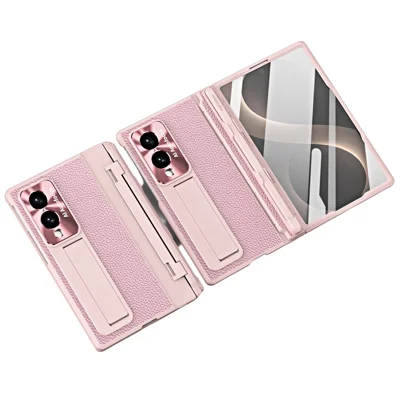 حافظة لهاتف Samsung Galaxy Z Fold8 بحامل قابل للطي وجلد + غطاء هاتف من البولي كربونات مع فيلم زجاجي مقوى / قلم - وردي