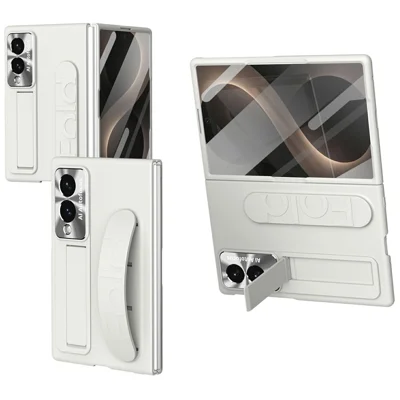 For Samsung Galaxy Z Fold8 Case Kickstand Wristband PC Phone Cover with Tempered Glass Film - White