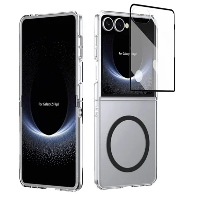 For Samsung Galaxy Z Flip7 5G Magnetic Case Clear PC Phone Cover with High Aluminium-silicon Glass Film - Black