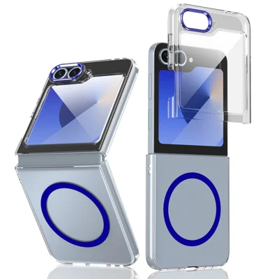 For Samsung Galaxy Z Flip7 FE 5G / Z Flip6 5G Magnetic Case Clear PC Phone Cover with High Aluminium-silicon Glass Film - Blue